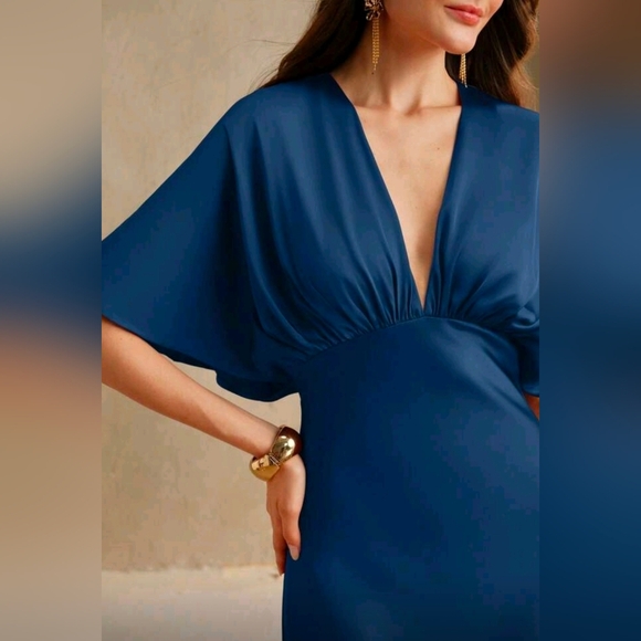 New Flowy Satin Dolman Sleeve High Waist Maxi Dress Blue - Picture 3 of 9